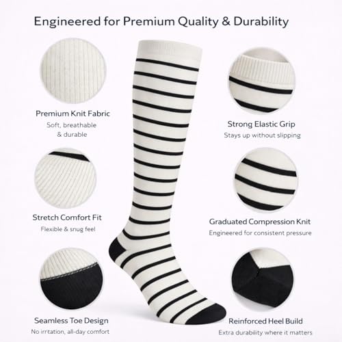 Diamond Star 6 Pairs Compression Socks for Men & Women, Knee High Socks - color: 6 Pairs (Cream/Black)