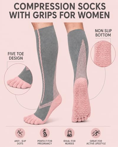 Compression Socks with Grips for Women Toe Pilates Socks Grippy Socks Woman Hospital Non Slip for Pregnancy Nurse - color: A01-Five Toe-Grey/Purple