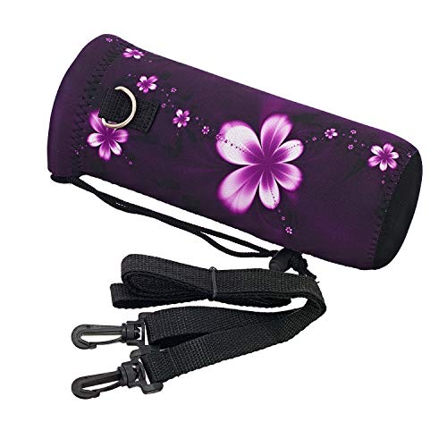 RICHEN Neoprene Water Bottle Carrier Bag with Adjustable Shoulder Strap,Insulated Water Bottle Cover for Stainless Steel/Glass/Plastic Bottles - color: Purple Flowers, size: 500ml