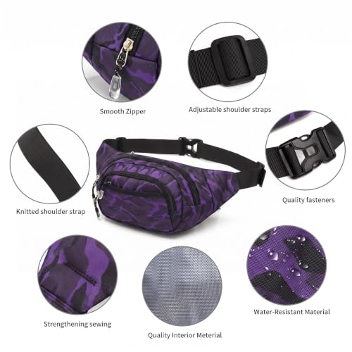 Large Fanny Pack for Women Men NSYOOMH, Crossbody Waist Bag 5-Zipper Pocket - color: Deep Violet
