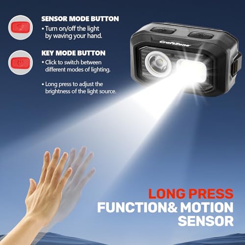 Rechargeable LED Headlamp w/Reflective Headband, 500LM USB-C Waterproof, Motion & Dimming, 4 Modes & Memory, Li-ion/AAA Dual Power, Magnetic 60° Mount for Camp Hike Work - color: Black-Red