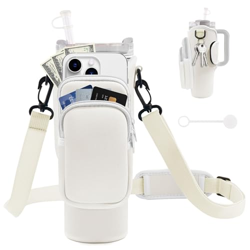 JEBEALUO Water Bottle Carrier Bag with Phone Pocket for Stanley Cup 40/30 oz, Water Bottle Holder with Adjustable Strap& Straw Cover, Stanley Cup Accessories