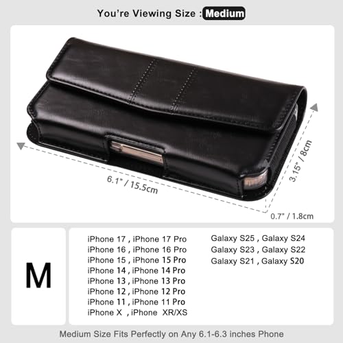 Phone Holster Compatible with iPhone 16 15 14 13 12 and Pro, Galaxy S25 S24 S23 S22 S21 S20, Leather Phone Pouch with Metal Belt Clip, M-Black - color: Black, size: Medium