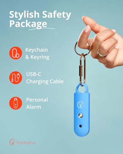 Vantamo Personal Alarm for Self Defense with Low Battery Notice, Strobe Light & Extra Loud 130 dB Double Speakers Safety Keychain Set for Women, Rechargeable Panic Button for Womens Self Defense - color: Ice Blue