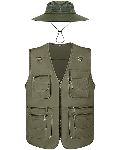 Janmercy 2 Pcs Men's Fishing Vest with Hat for Halloween Cosplay - color: Army Green, size: Large