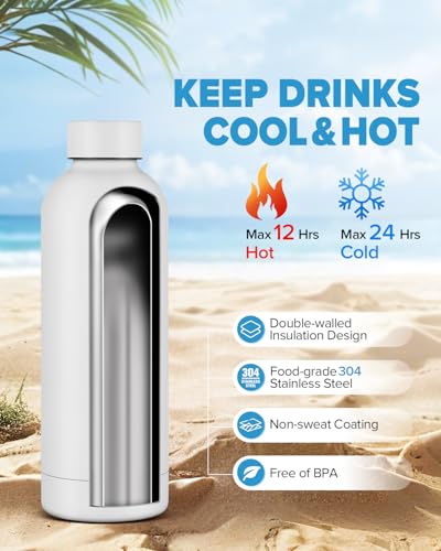 Stainless Steel Insulated Water Bottle no straw for Travel, Gym, 15 oz, White - color: White, size: 15 Ounces
