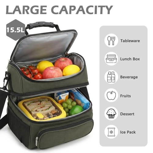 FlowFly Double Layer Cooler Insulated Lunch Bag Adult Lunch Box Large Tote Bag for Men, Women, With Adjustable Strap,Front Pocket and Dual Large Mesh Side Pockets - color: Army Green