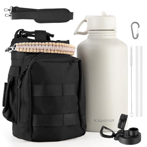 KXIAOCHEN Insulated Water Bottle with Strap, 48-Hour Cold, 2 Lids - color: Cream-B, size: 64 Ounces