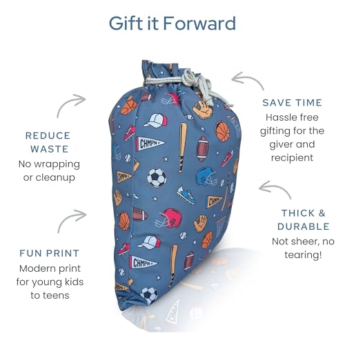 Gather & Knot Drawstring Gift Bags | 20" Large 12" Small | Premium Canvas | Reusable Fabric Wrap for Boy Birthday | Baseball Football Socccer | Sports - color: Sports