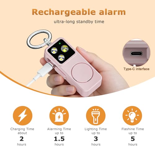 Keychain Personal Safety Alarm for Women, Rechargeable 150dB Alarm with Strobe Light, Pull Pin Emergency Siren for Walking, Running, Night Out, Parking Lots, Travel and Everyday Carry - color: Pink