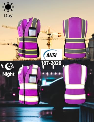Safety Vest for Women High Visibility Vest with 8 Pockets and Front Zipper Mesh Reflective Vest Meets ANSI/ISEA Standards(Purple-17, Medium) - color: Purple-17, size: Medium