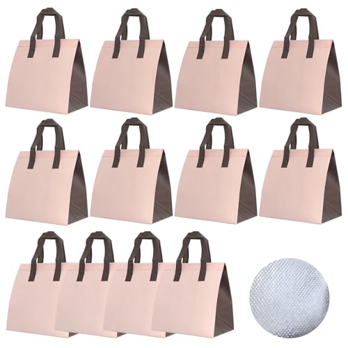 12Pcs Insulated Lunch Bags Disposable Cooler Bag Thermal Grocery Bags - color: Pink and Brown, size: 9.45"(H) x 9.45"(L) x 5.91"(W)