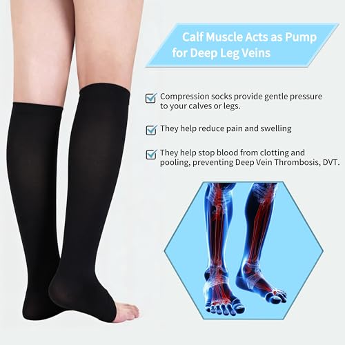 Compression Socks for Women and Men, 23-32mmHg , Open Toe, Knee High Length Compression Stockings for Varicose Veins, DVT, Edema, Running, Nursing - size: L