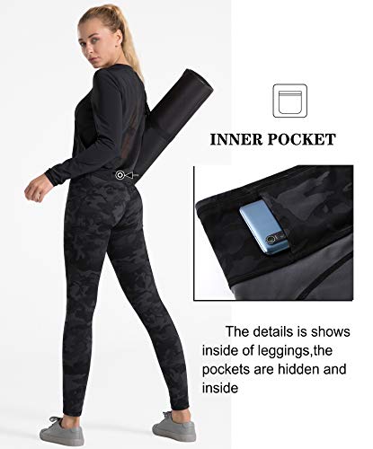 Dragon Fit Women's High Waisted Yoga Leggings 3 Pockets Workout Pants - color: Black&grey Camo, size: Medium