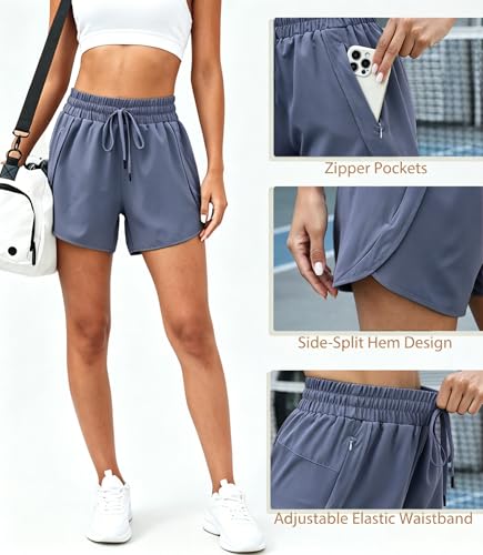 Halife Women's High Waisted Quick Dry Athletic Running Shorts with Pockets - color: Blue Gray, size: Medium