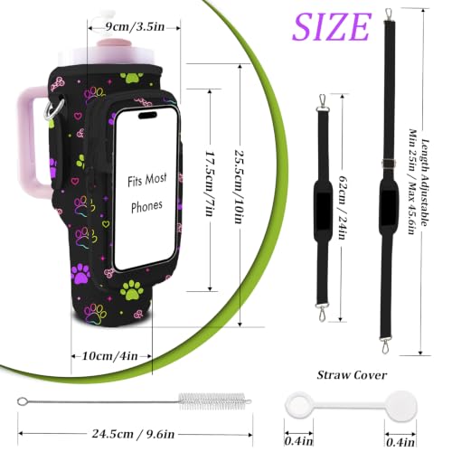 Water Bottle Carrier Bag for Stanley 40/30oz Cup Tumbler with Phone Pocket,Insulated Crossbody Water Bottle Holder with Adjustable Strap,Water Bottle Sling Pouch for Hiking Walking Camping Accessories - color: Neon Dog Paw Leopard Bone