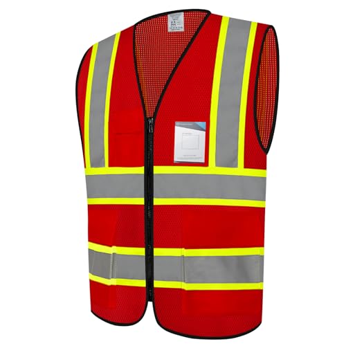 High Visibility Vest 5 Pockets Mesh Safety Vest for Men, Red M - color: Red, size: Medium