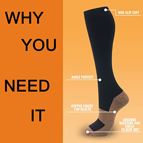 fenglaoda 8 Pairs Compression Socks for Men & Women 20-30 mmHg Knee High Nurse Pregnant Running Medical and Travel Athletic - color: 22-8 pairs-black copper, size: Small-Medium