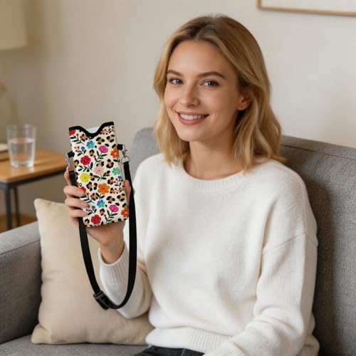 GLOBLELAND Flower Nylon Cell Phone Sleeve Pouch Case Bag 7.1×3.9 inch Leopard Print Shockproof Universal Phone Bag with Crossbody Strap Neck Lanyard for Women Men Phone Headphones Watch - color: Flowers