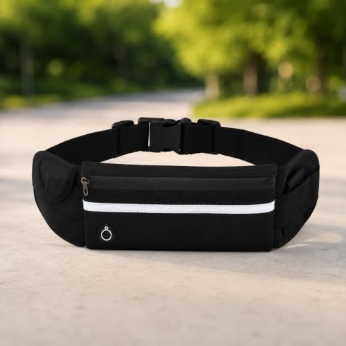Running Waist Bag with Water Bottle Holder, Waterproof Sports Belt Bag for Phone, Keys and Fitness Outdoor Hiking (Black)