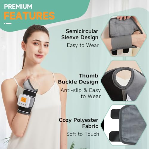 Rechargeable Heated Wrist Massager for Pain Relief - 3 Heat Levels & 3 Vibration Modes, Heat Therapy Wrap for Carpal Tunnel, Tendonitis, Sprains, Swelling, Auto Shut-Off Hand Warmer