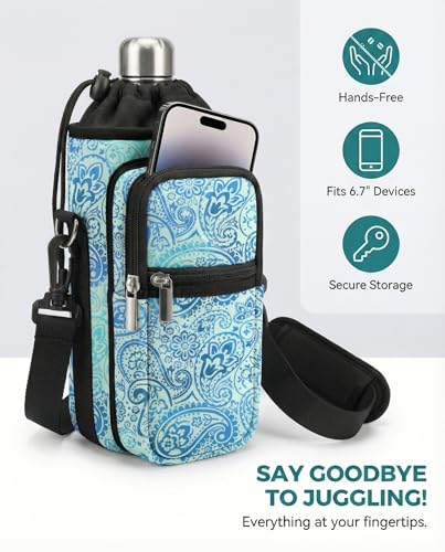 AUPET Water Bottle Sling Bag Sleeve Holder Carrier 25/32/40/64 oz,Insulated Crossbody Water Bottle Case Cover with Strap and Pockets for Men/Women Walking Hiking - color: blue feather, size: 25oz