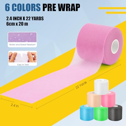 Pre Wrap Athletic Tape 6 Pack, 2.4 Inch x 22 Yards Foam Underwrap, Pink - color: Pink