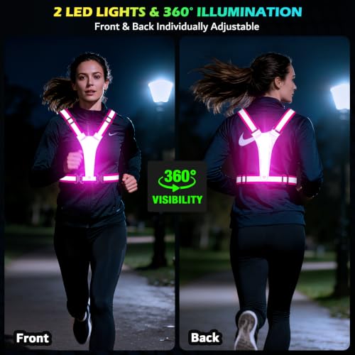 Led Light Up Running Vest Reflective Vest for runners night walking, Rechargeable Reflective Running Vest High Visibility - color: Pink