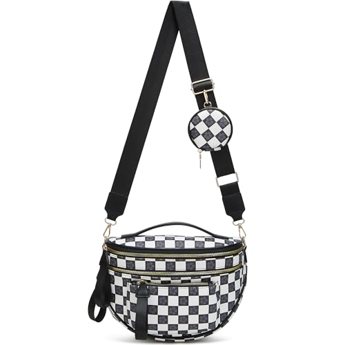 Makes Checkered Crossbody Bag Bum Bag for Women with Pouch - color: Black Checkered
