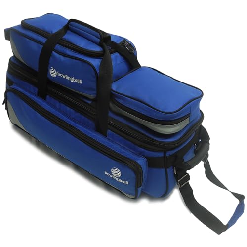 Pyramid Path Triple Tote Roller Plus Bowling Bag with Detachable Shoe Bag (Fits US Mens Size 15), Accessory and Side Pocket, Lightweight Travel Design - color: Silver/Royal Blue