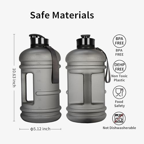 TOOFEEL Half Gallon Water Jug - 2 Liter BPA Free Reusable Bottle with Measurements - Ideal for Gym, 74 oz Matte Light Gray - color: Matte Light Gray, style: 74 oz water bottle