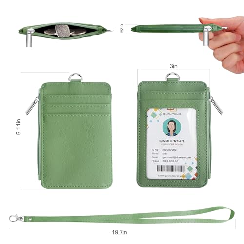 bolimoss 2-in-1 ID Badge Holder & Lanyard Wallet, Leather ID Name Badge with Side Zip Pocket for Teacher, Student, Women Small Wallet with Removable Neck Lanyard, Clear Window, 5 Card Slots,Lime Green - color: Lime Green