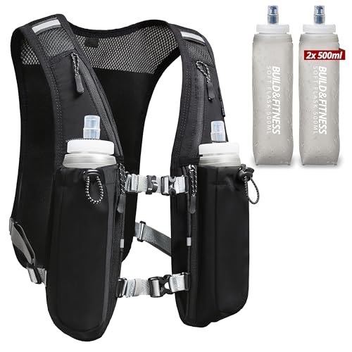 Running Hydration Vest for Women and Men. Reflective, 8 Pocket, Quick Dry, Water-Resistant, Breathable, Adjustable Backpack for Runs, Hiking, Cycling, Trails, Marathons - style: Black Vest + 2x 500ml Soft Flasks