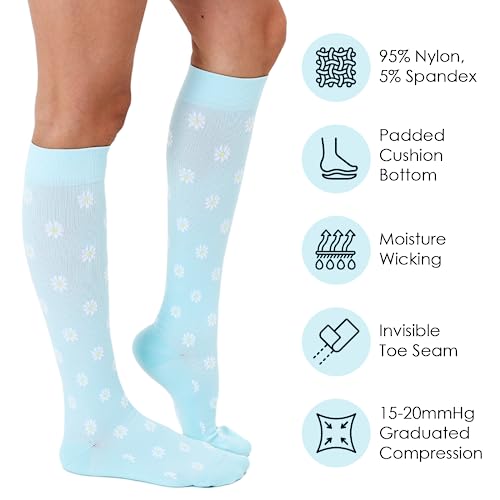 Living Royal Compression Socks - Graduated Compression 15-20mmHg, Padded Cushion Bottom Fun Socks, Moisture-Wicking - color: Daisy