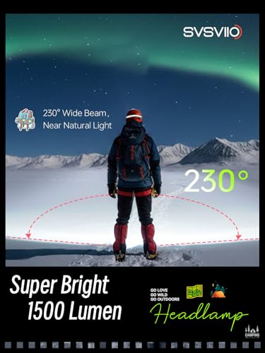 svsviio K0206*2PCS 1500 Lumens Rechargeable LED Headlamp,Super Bright 230° Wide Beam Head lamp,3 Modes,Lightweight,IPX5,Head Lights for Forehead,Hard Hat Flashlight for Adults Camping Essentials Gear - size: 2 Pack
