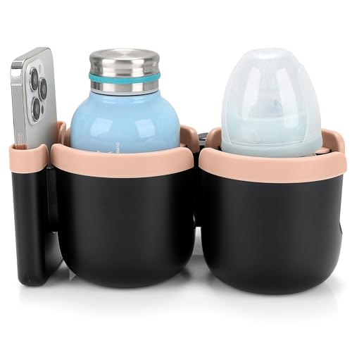 Accmor Stroller Cup Holder with Phone Holder, Bike Cup Holder, Walker Scooter Wheelchair Cup Holder Attachment, Universal Cup Holder for Uppababy Graco Strollers - color: Double Holder-Pink