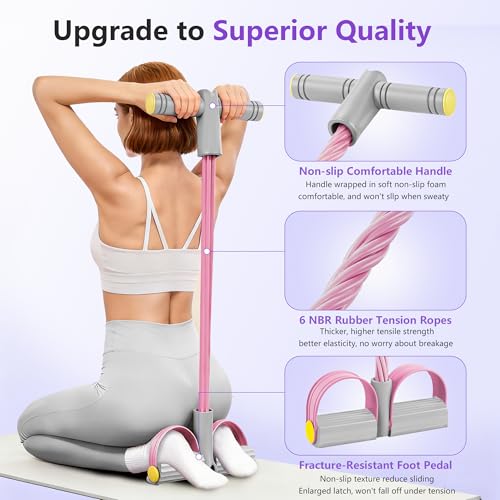 Pedal Resistance Band with Handle, 6-Tube Natural Rubber Exercise Bands - color: Gray & Pink