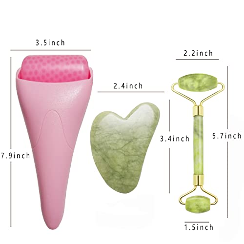 3 in 1 Ficial Face Ice Jade Roller and Gua Sha Tool, Natural Real Jade Anti-Wrinkle Face Eye Neck Massager Tool, Reduce Wrinkles, Puffiness, Migraine, Redness, Pain and Injury，Pink - color: Pink