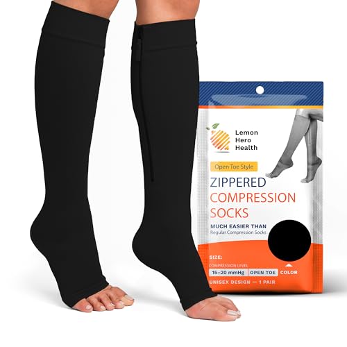 Lemon Hero Zipper Compression Socks 15-20mmHg Open Toe for Women & Men - color: Black, size: X-Large