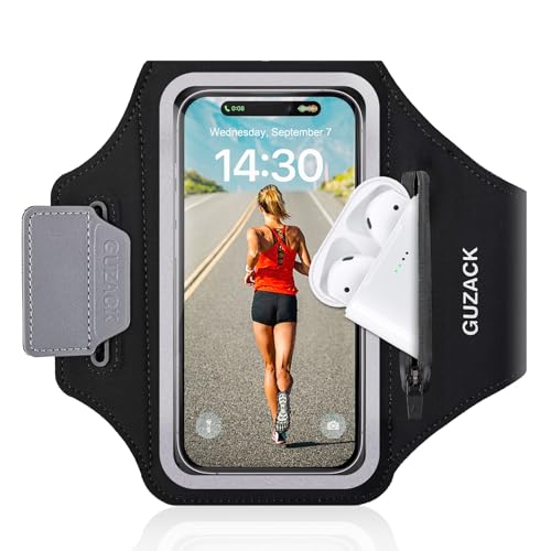 GUZACK Running Armband with Zipper Pouch, Running Phone Holder,Up to 6.9" - color: Black Zipper, size: S