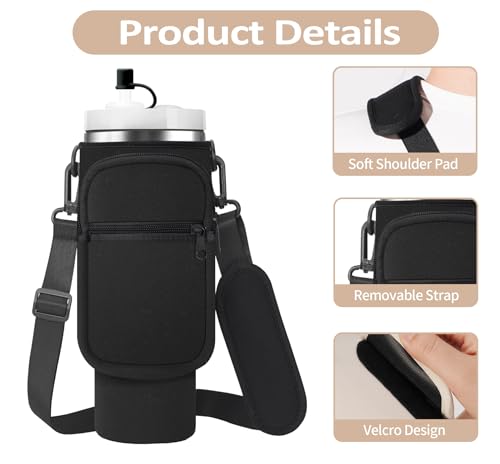 AceTreker Water Bottle Carrier Bag with Strap for Stanley 40/30 oz Tumbler Neoprene Insulated Cup Holder Sleeve with Phone Pocket & Straw Cover for Stanley Cup Accessories - color: 01-Black, style: 40 Oz