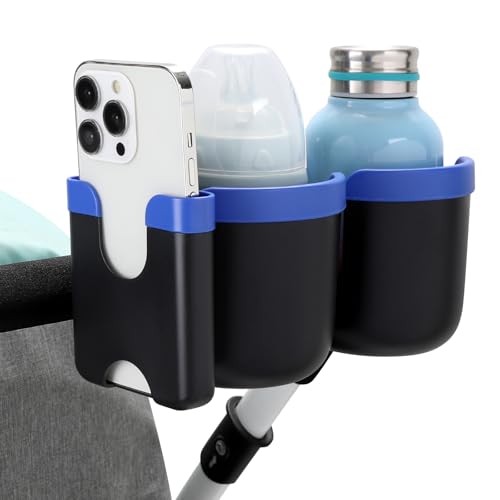 Accmor Stroller Cup Holder with Phone Holder, Bike Cup Holder, Walker Scooter Wheelchair Cup Holder Attachment, Universal Cup Holder for Uppababy Graco Strollers - color: Double Holder-Blue