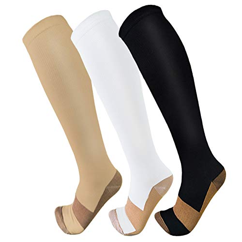 FuelMeFoot 3 Pack Copper Compression Socks - Compression Socks Women & Men Circulation - Best for Medical,Running,Athletic - color: 03 Black/White/Nude, size: Small-Medium