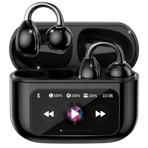 M100 Clip On Earbuds with Touchscreen Case , Open Ear Wireless Headphones for Glasses & Small Ears ,50H Total Battery, Bluetooth 6.0, IPX7 Waterproof,Ultra-Light 4g for Running & Workouts,black - color: Black