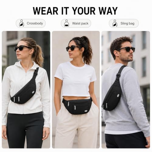 Entchin Water-Resistant Fanny Pack, 4-Zipper Belt Bag - color: Black