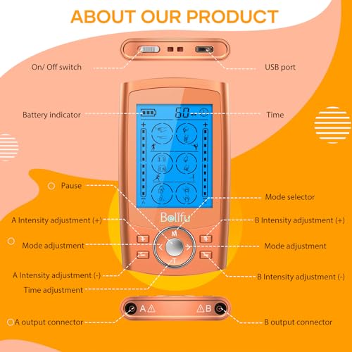 Belifu TENS Unit PMS Massager 24 Modes Muscle Stimulator, Electronic Tens Machine for Neck, Back, Arms & Chronic Pain Relief - color: Orange