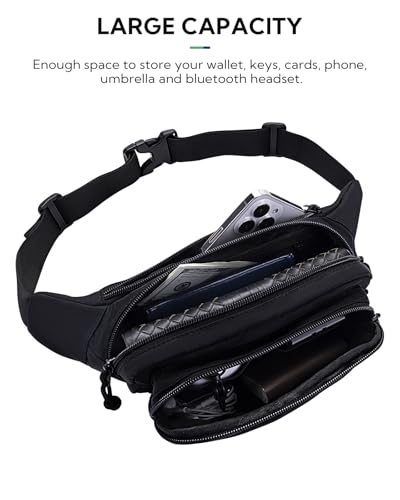 WATERFLY Fanny Pack Waist Bag: 2.5L Large 5 Zipper Pockets for Women Men - color: Black-01