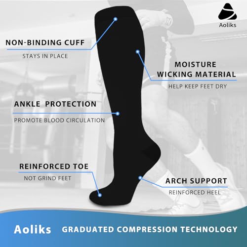 Aoliks 6 Pairs Compression Socks for Women & Nurses, Flying Knee High Socks - color: 020 A7-black, size: Small-Medium