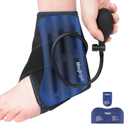 Magic Gel Compression Ankle Ice Pack Wrap – Ice Pack for Ankle Sprain, Swelling, Heel Pain & Achilles Tendonitis – Cold Therapy Wrap for Ankle, Heel & Foot with Air Pump Compression, 2 Extra Gel Packs