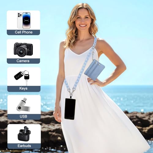Long Keeper Phone Crossbody Chain Acrylic Phone Lanyards with Zipper Wallet Women Cellphone Strap Wrist Bracelet Purse Strap - color: Light Blue Silver